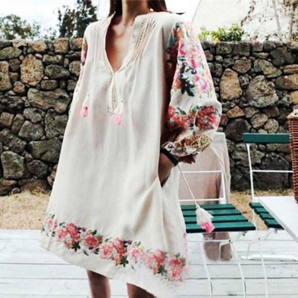 028 Embroidered Floral Puff Sleeve Boho Dress - Picture 2 of 9